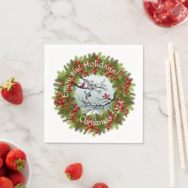Custom Birds In Snow Pine Needles Red Berries Napkins (Insitu)