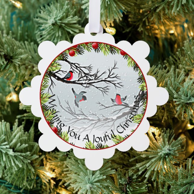 Custom Birds In Snow Pine Needles Red Berries Ornament Card (Insitu (Tree))