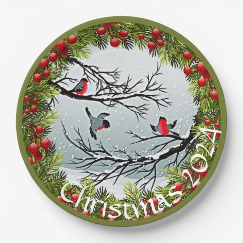 Custom Birds In Snow Pine Needles Red Berries Paper Plates