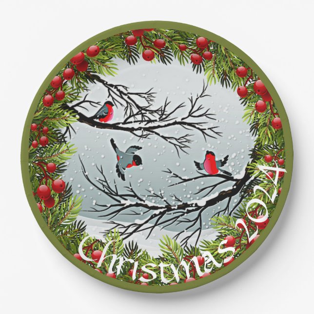 Custom Birds In Snow Pine Needles Red Berries Paper Plates (Front)