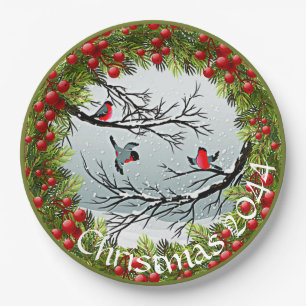 Custom Birds In Snow Pine Needles Red Berries Paper Plates