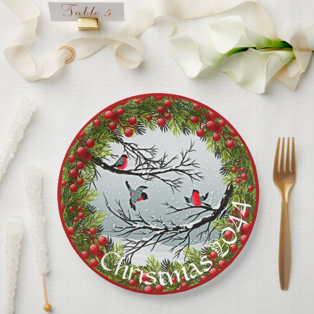 Custom Birds In Snow Pine Needles Red Berries Paper Plates (Wedding)