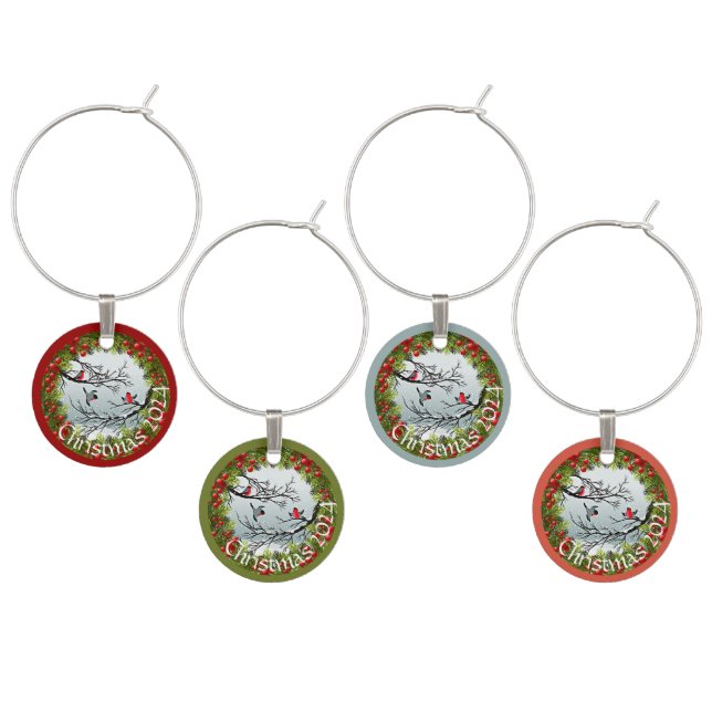 Custom Birds In Snow Pine Needles Red Berries Wine Charm (Staggered)
