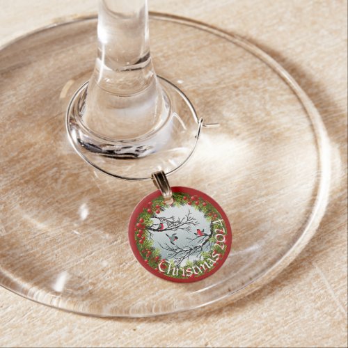 Custom Birds In Snow Pine Needles Red Berries Wine Charm