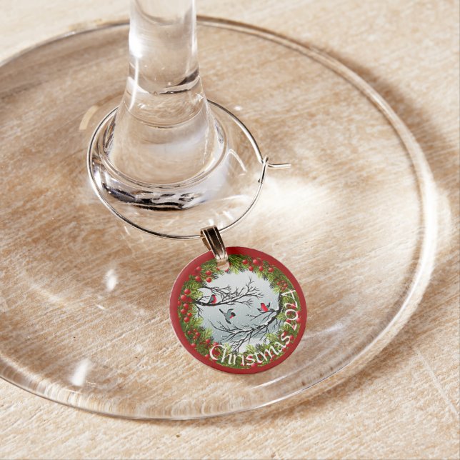 Custom Birds In Snow Pine Needles Red Berries Wine Charm (In Situ)