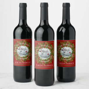 Custom Birds In Snow Pine Needles Red Berries Wine Label