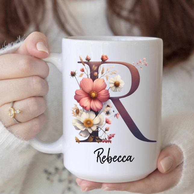 Custom Birth Flower Mug, Wildflower Monogram Mug (custom birth flower, flower initial mug, monogram gift for mom, monogram mug for her or student,)