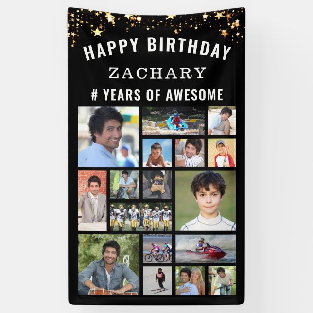 Custom Birthday 17 Photo Collage Black Gold Stars Banner (Vertical)