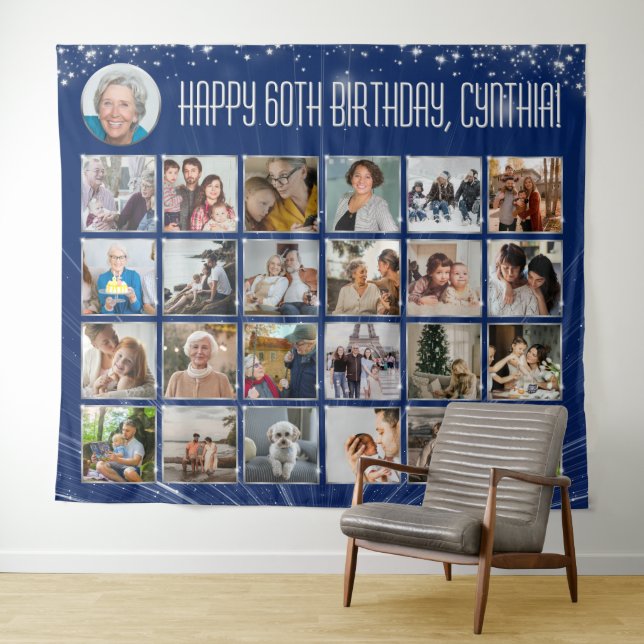 Custom Birthday Banner Multi Photo Blue Silver Tapestry (In Situ (Horizontal))