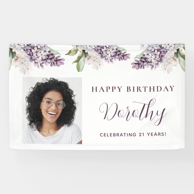 Custom Birthday Banner Photo 21st Purple Floral (Horizontal)