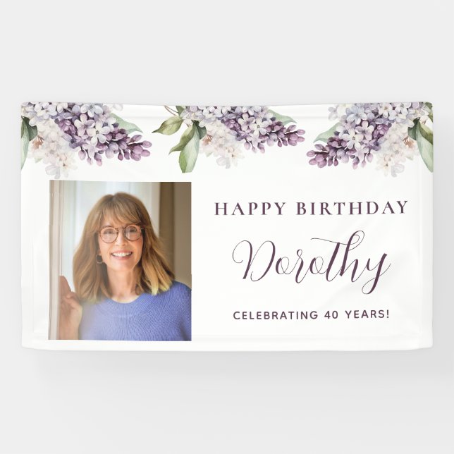 Custom Birthday Banner Photo 40th Purple Floral (Horizontal)