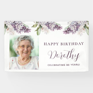 Custom Birthday Banner Photo 80th Purple Floral