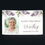 Custom Birthday Banner Photo 90th Purple Floral<br><div class="desc">Soft watercolor purple lilacs create a pretty springtime 90th custom birthday banner.  The guest of honor's photo is to the left. Happy Birthday,  their name and Celebrating 100 years is to the right. All of the text can be customized.</div>