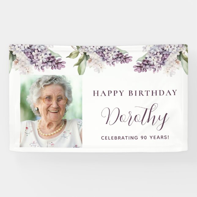 Custom Birthday Banner Photo 90th Purple Floral (Horizontal)