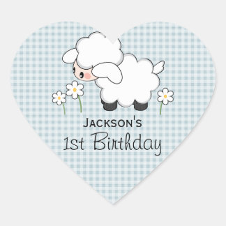 Custom Birthday Blue Gingham Lamb Heart Sticker
