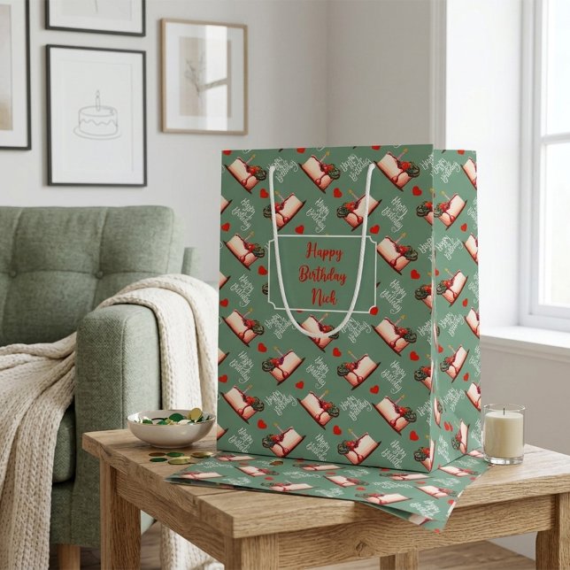 Custom Birthday Cake & Hearts Green Personalized  Medium Gift Bag (Creator Uploaded)