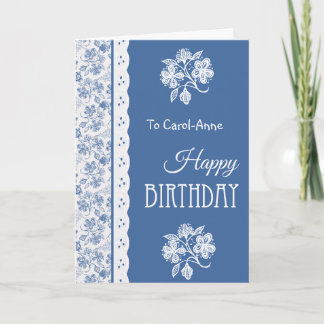 Custom Birthday Card Indigo Blue and White Floral