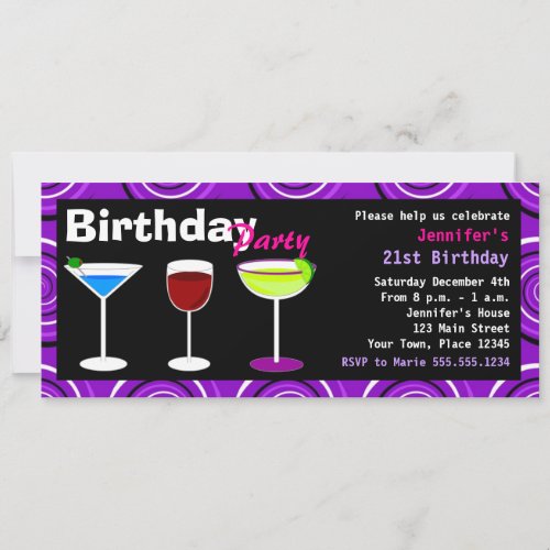 Custom Birthday Cocktail Party Invite Purple Swirl