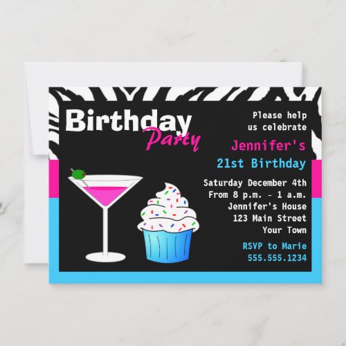 Custom Birthday Cocktail Party Pink  Blue Zebra Invitation