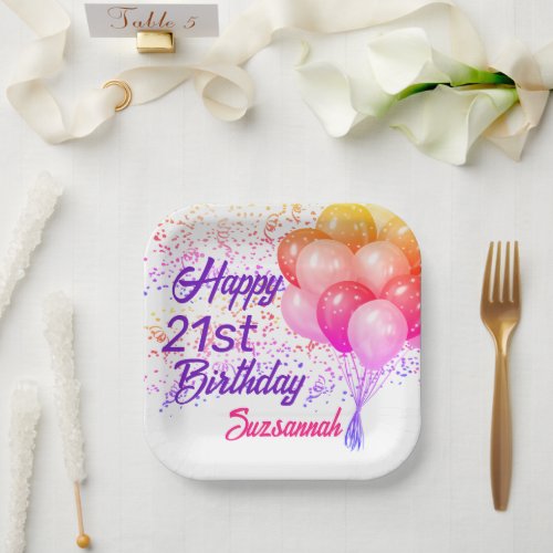 Custom Birthday Colorful Confetti with Balloons Paper Plates