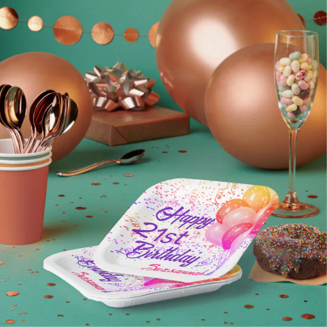 Custom Birthday Colorful Confetti with Balloons Paper Plates | Zazzle