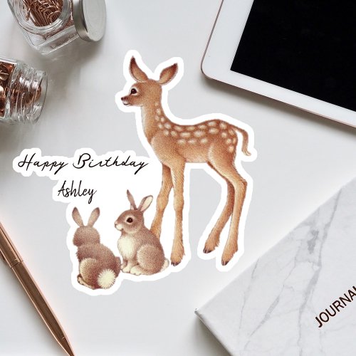 Custom Birthday Cute Fawn And Bunnies Sticker