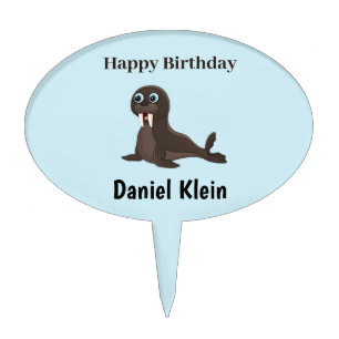Custom birthday cute gray seal blue cake topper