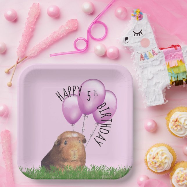Custom Birthday Cute Guinea Pig Purple Balloons Paper Plates (Party)