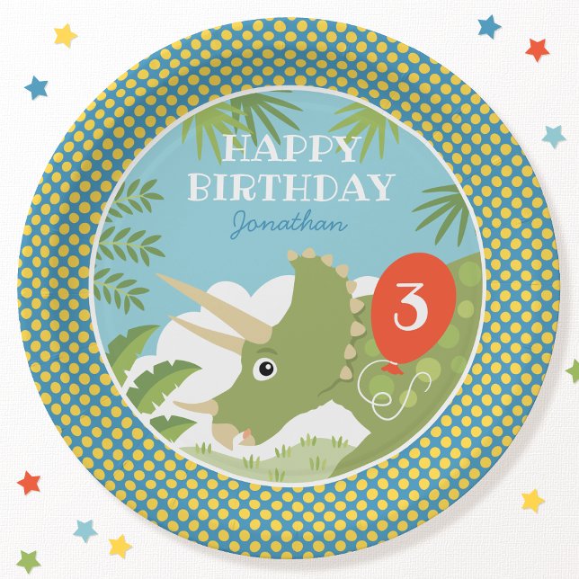 Custom Birthday Dinosaur Triceratops Any Age Blue Paper Plates (Creator Uploaded)