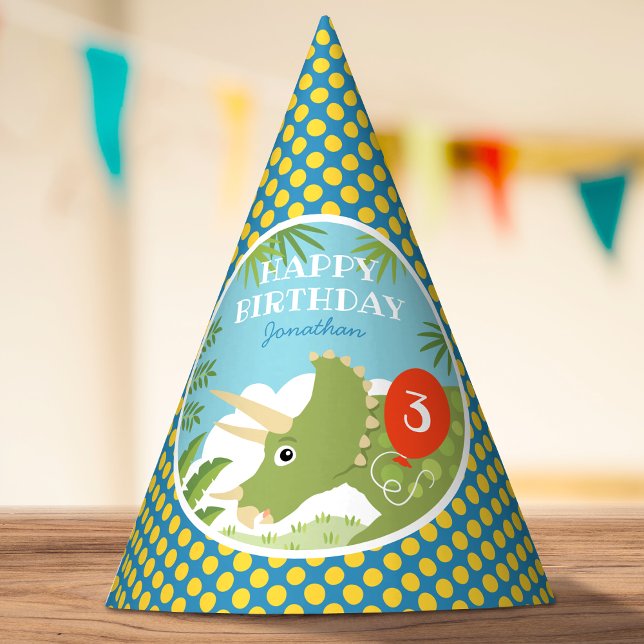Custom Birthday Dinosaur Triceratops Any Age Blue Party Hat (Creator Uploaded)