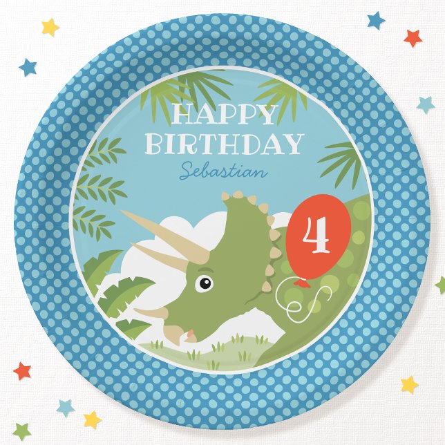 Custom Birthday Dinosaur Triceratops Any Age Blues Paper Plates (Creator Uploaded)