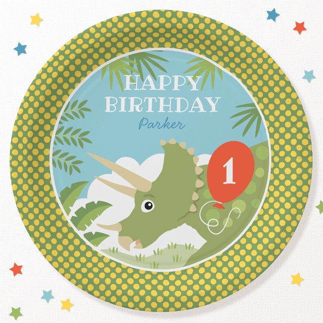 Custom Birthday Dinosaur Triceratops Any Age Green Paper Plates (Creator Uploaded)
