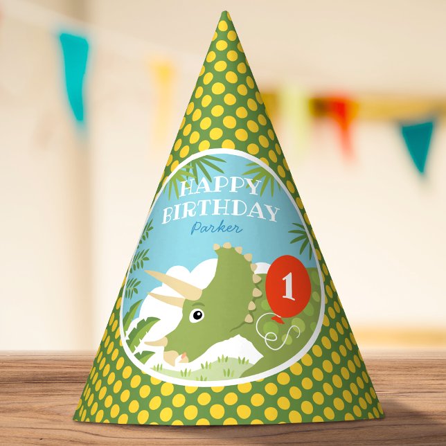 Custom Birthday Dinosaur Triceratops Any Age Green Party Hat (Creator Uploaded)