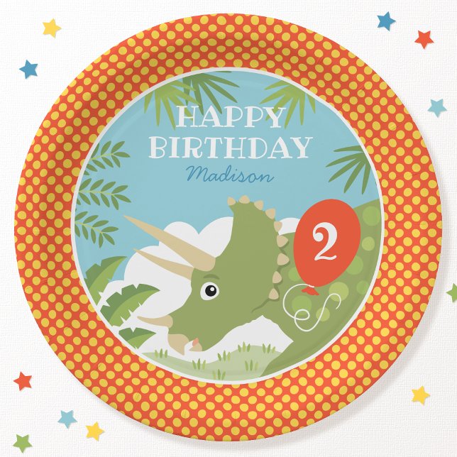 Custom Birthday Dinosaur Triceratops Any Age Red Paper Plates (Creator Uploaded)