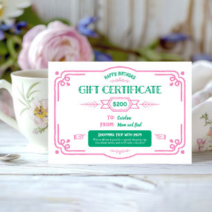 Custom Birthday Gift Certificate Card