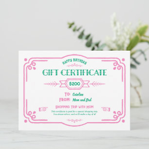 Custom Birthday Gift Certificate Card