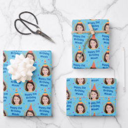 Custom Birthday Gift Wrapping Paper Party Hat Blue