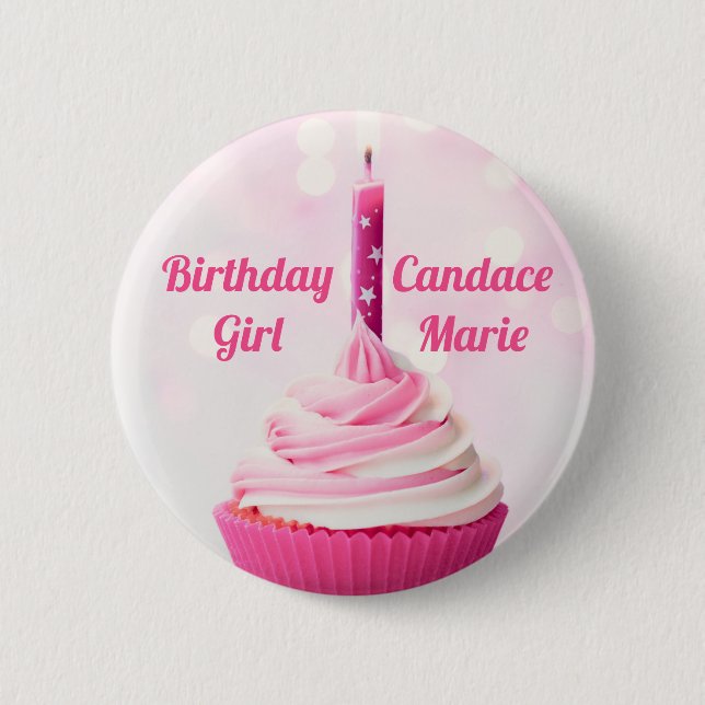Custom Birthday Girl Pretty Pink Cupcake Photo Button (Front)