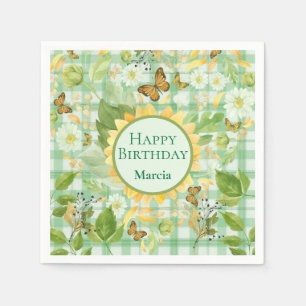 Custom Birthday Green Gingham Sunflower Butterfly Napkins