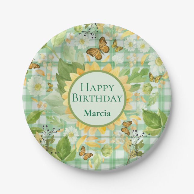 Custom Birthday Green Gingham Sunflower Butterfly Paper Plates (Front)