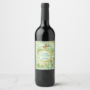 Custom Birthday Green Gingham Sunflower Butterfly  Wine Label