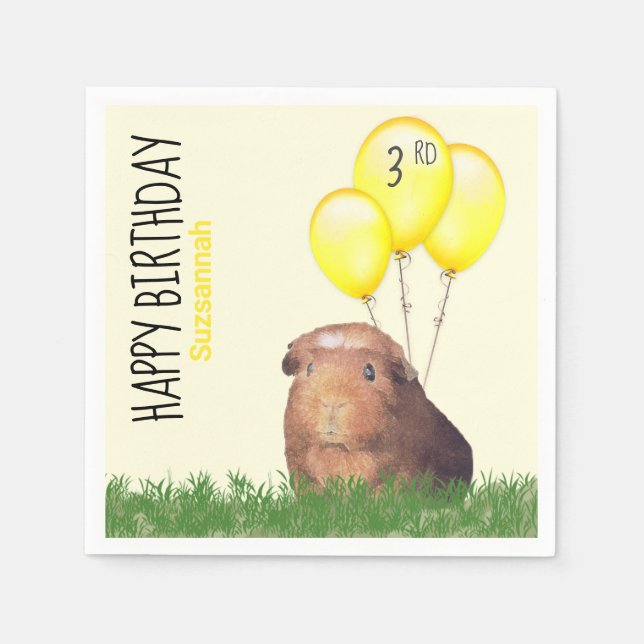 Custom Birthday Guinea Pig Yellow Balloons Napkins (Front)