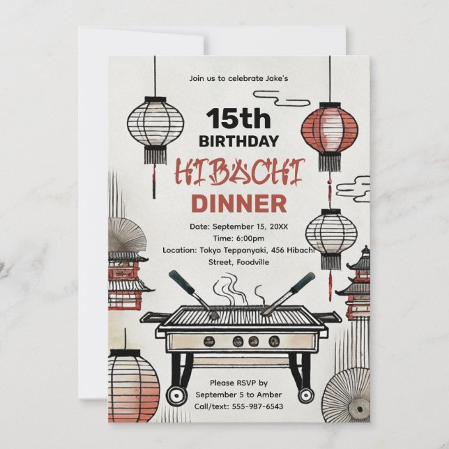 Custom Birthday Hibachi Dinner Lanterns & Grill Invitation (Front)