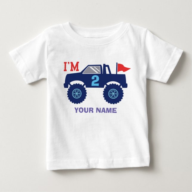 Custom Birthday Monster Truck Age And Name Baby T-Shirt (Front)