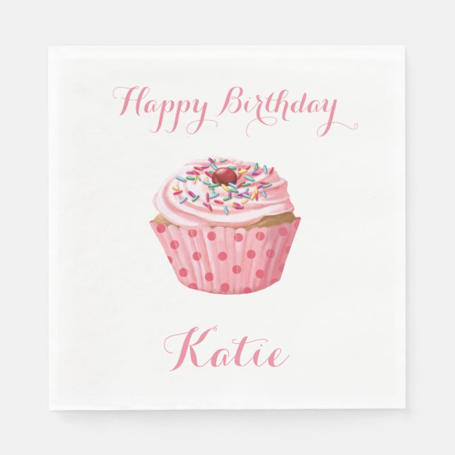 Custom Birthday Napkins,Pink Girly Cupcake Paper Napkins (Front)