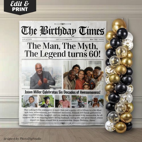 Custom Birthday Newspaper Backdrop with Photos