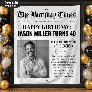 Custom Birthday Newspaper Banner, Birthday Photo Tapestry