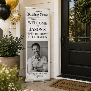 Custom Birthday Newspaper Decor, Vintage Wedding Retractable Banner