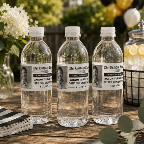 Custom Birthday Newspaper Labels, Birthday Photo Water Bottle Label