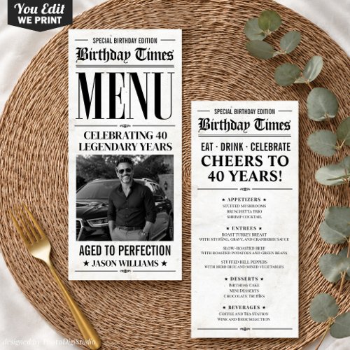Custom Birthday Newspaper Menu, Birthday Dinner Menu
